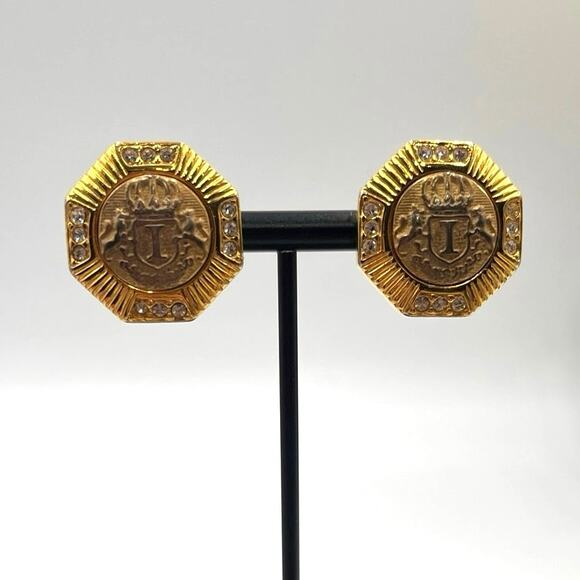 Ivana Trump Vintage Octagon Family Crest Rhinestone Clip On Haute Earrings - Picture 1 of 9